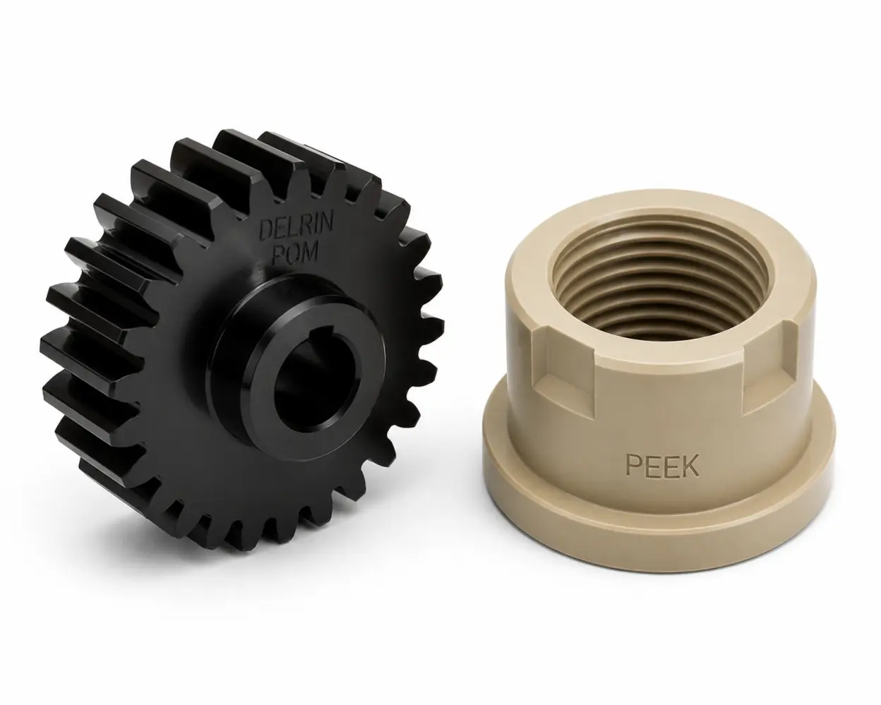 Machined Delrin gear next to a PEEK bushing showing engineering plastic CNC parts