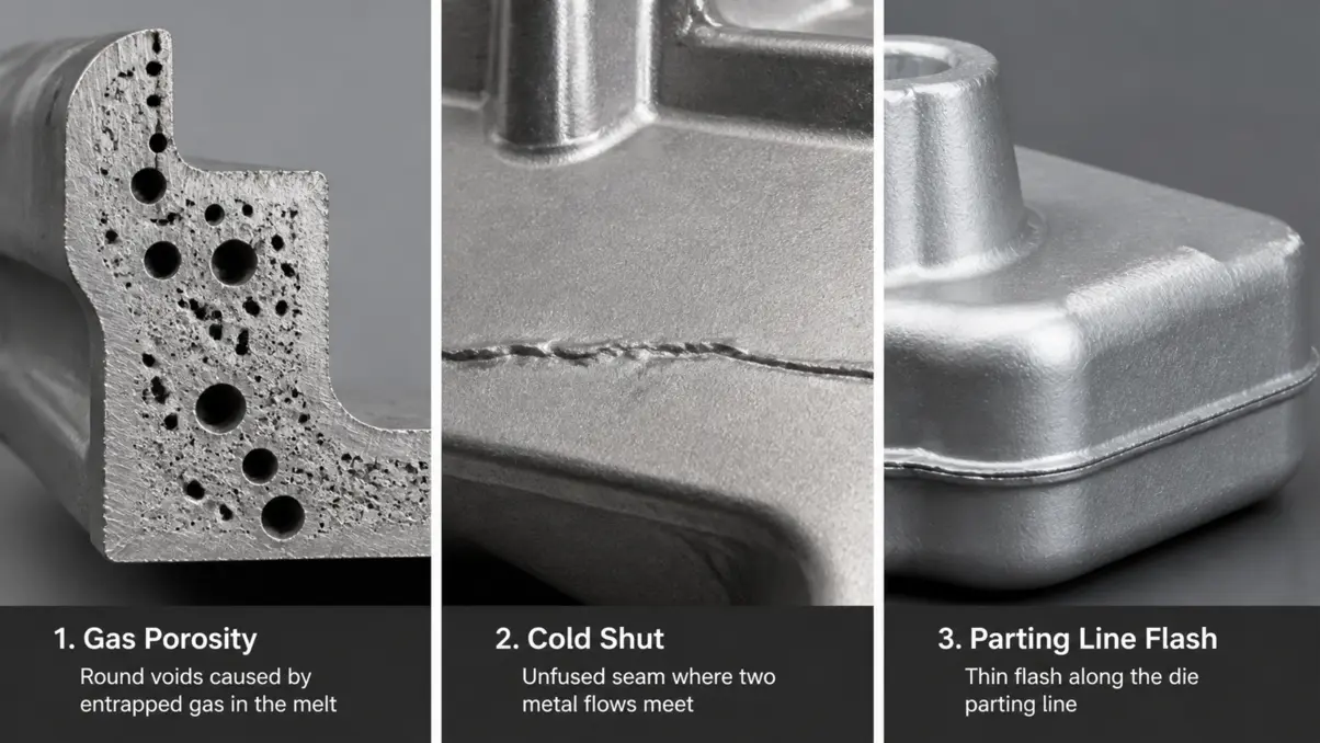 Macro examples of porosity, cold shut, and die casting flash defects on real aluminum parts