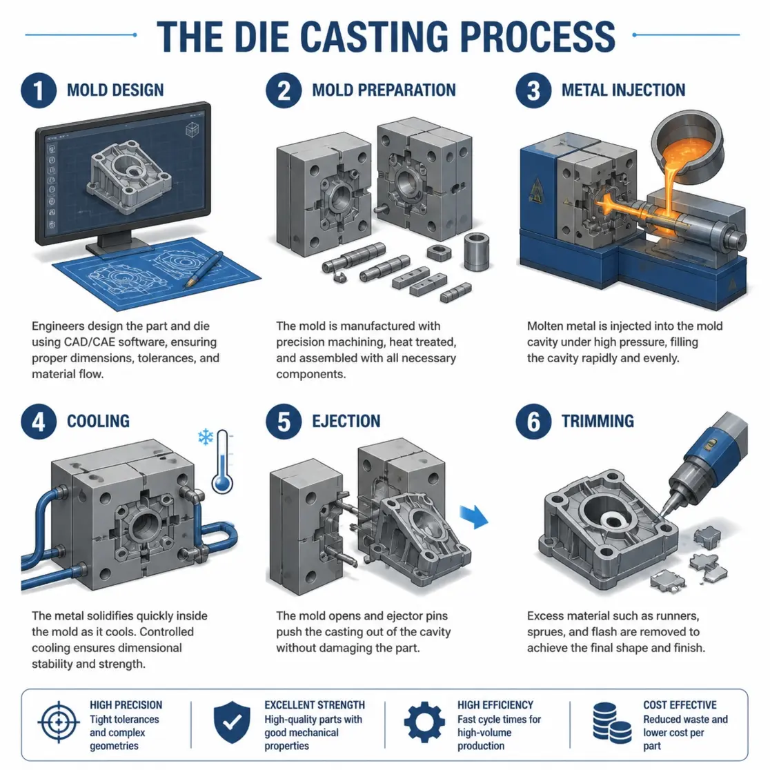 Diagram showing the 6 steps of the die casting process from mold design to finishing