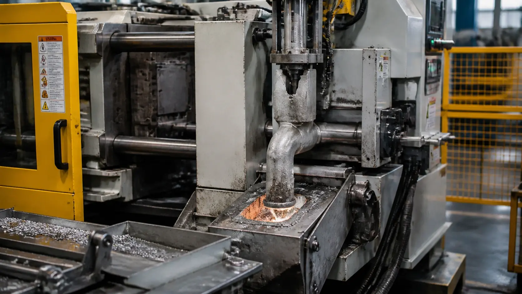 Hot chamber die casting machine producing zinc parts with gooseneck assembly visible