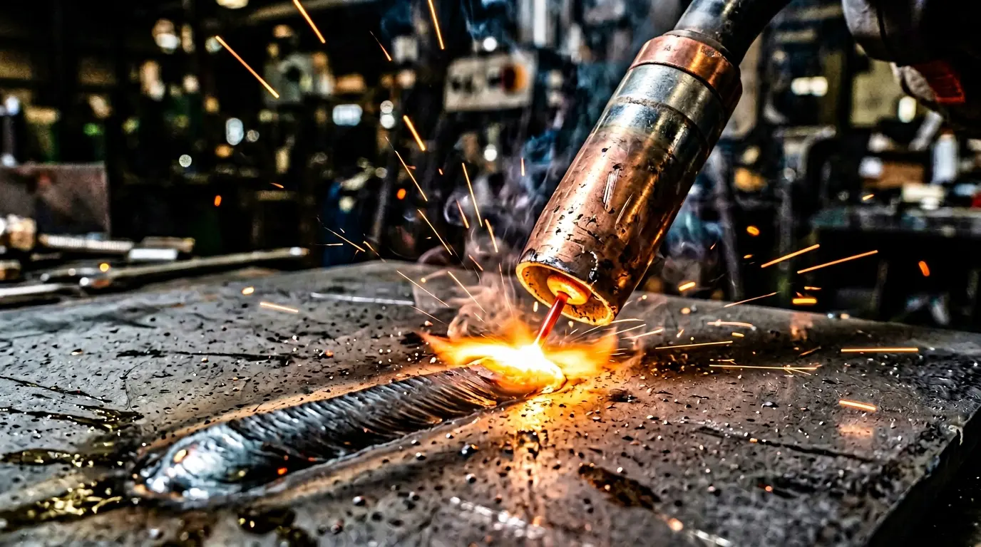 Close-up of MIG welding process showing continuously fed wire electrode, shielding gas nozzle, and bright arc on a steel workpiece