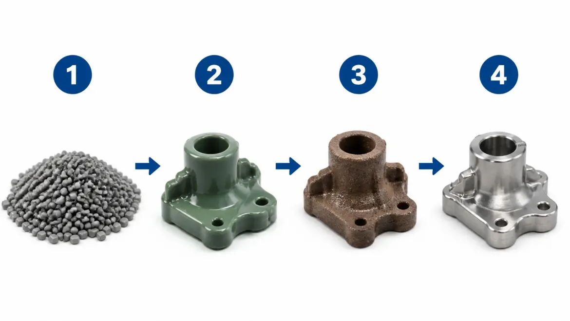 The four steps of the metal injection molding process from feedstock pellets to sintered finished part