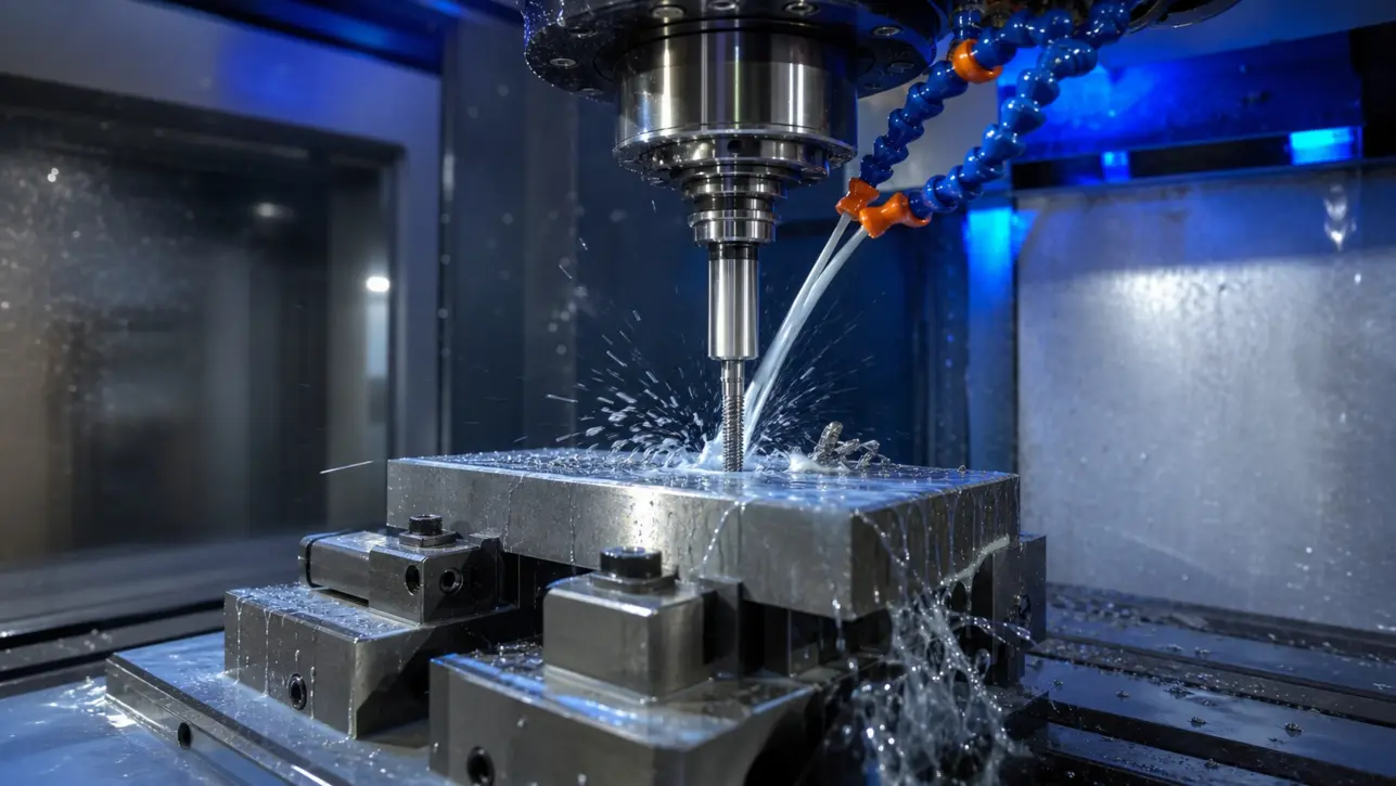 Rigid tapping operation on a CNC machining center with coolant spraying onto the cutting zone