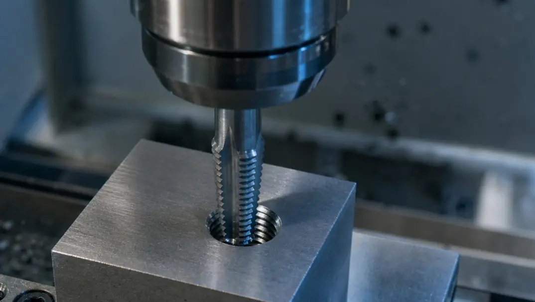Rigid tap producing internal threads in a steel block on a CNC machining center