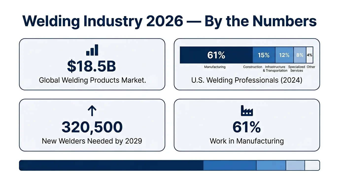 Infographic showing welding industry statistics for 2026 including market size of 18.5 billion dollars, 771000 US welding professionals, 320500 new welders needed by 2029, and 61 percent working in manufacturing