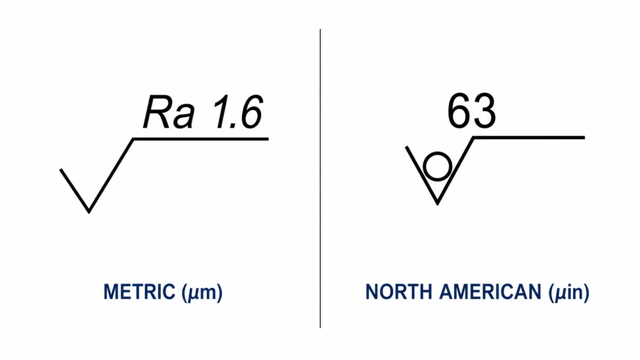Side by side engineering drawing callouts comparing a metric Ra micrometer value with a North American microinch surface finish value