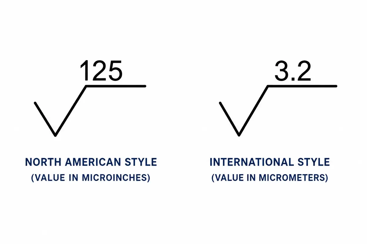 Side by side comparison of an ASME Y14.36 surface finish symbol in microinches and an ISO 1302 symbol in micrometers