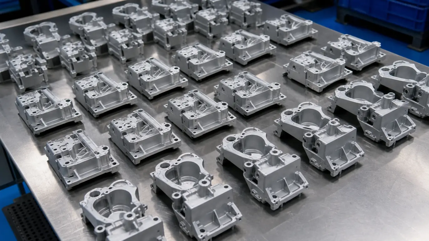 Finished aluminum die cast parts staged for inspection, showing volume die casting production time