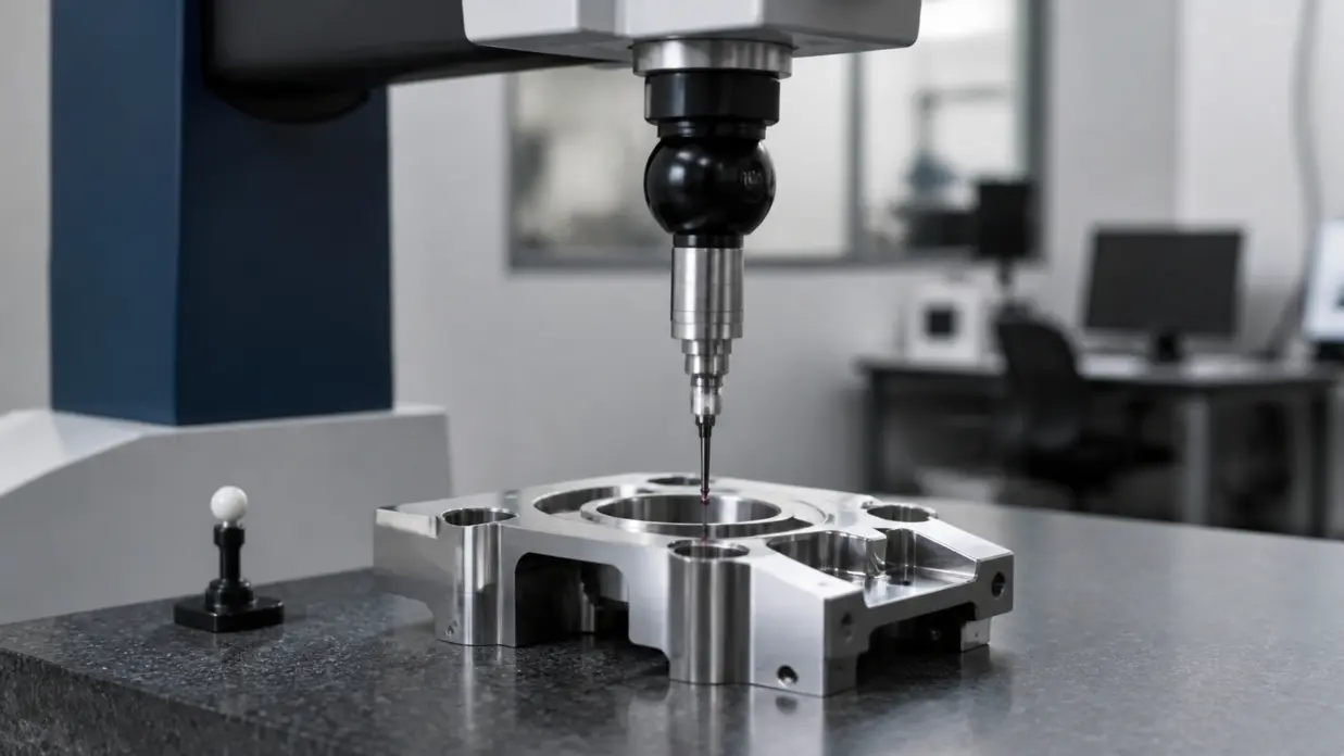 CMM probe inspecting a machined part to verify CNC machining tolerance