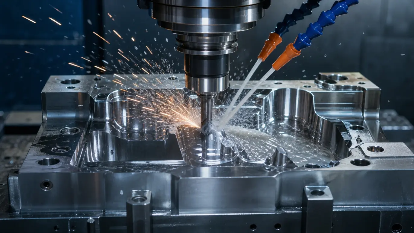 CNC machining a steel die casting mold cavity, showing the work behind die casting tooling lead time