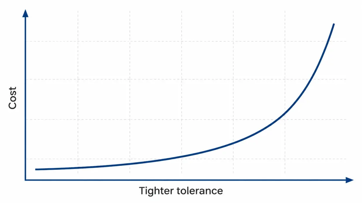 Cost versus tolerance curve showing CNC machining cost rising sharply as tolerance gets tighter