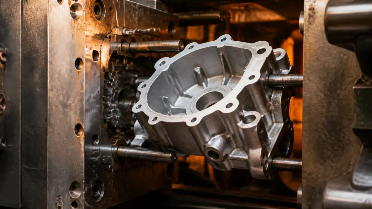 Aluminum die-cast part ejecting from an open die showing the 1 to 2 degree draft angle on inside walls