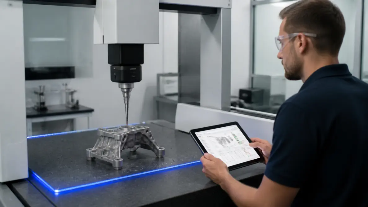 Quality inspector verifying die casting tolerances on a CMM with first article inspection report and dimensional measurement data
