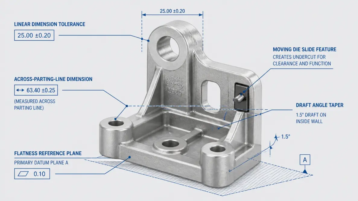 Die casting tolerance types diagram showing linear, parting line, moving die slide, draft angle, and flatness tolerances on an aluminum casting