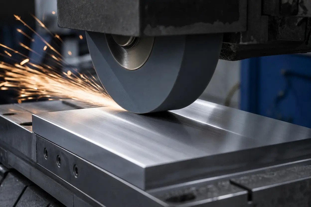 Close up of a precision grinding wheel finishing a metal part to a smooth surface in a machine shop