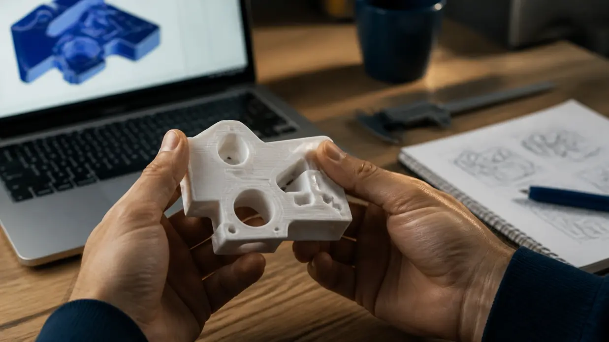 Inventor holding a 3D-printed invention prototype above a workbench with a CAD model on screen