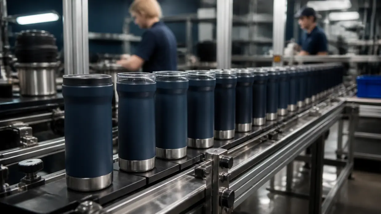 Rows of finished consumer products coming off a small assembly line, showing how to manufacture an invention at scale