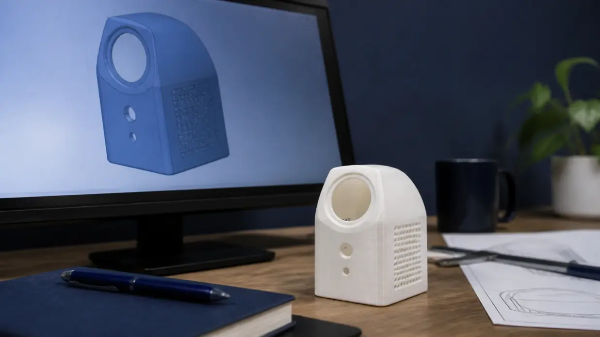 A 3D-printed plastic prototype next to a CAD model on a monitor, showing how to make a prototype of my invention