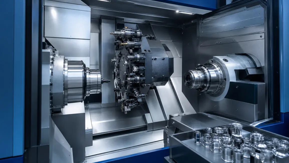 Y-axis sub-spindle CNC mill-turn lathe with live tooling turret and dual chucks