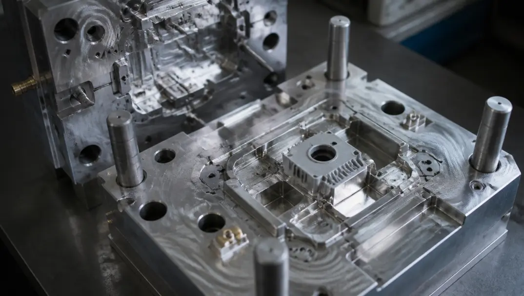 An open aluminum bridge tooling mold on a bench with a small molded plastic part in the cavity