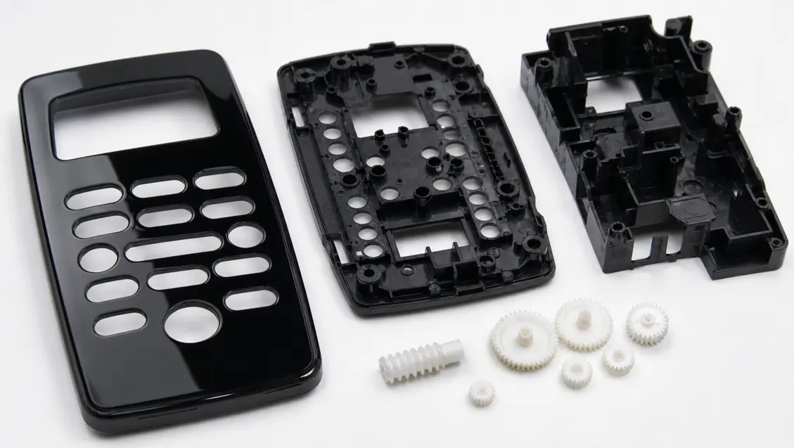 Injection molded control panel bezel and plastic parts for appliances