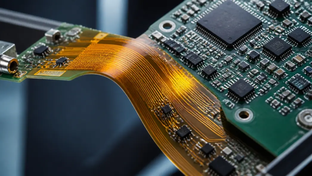 Mixed technology rigid-flex PCB combining SMT and through-hole parts with a bending flex section