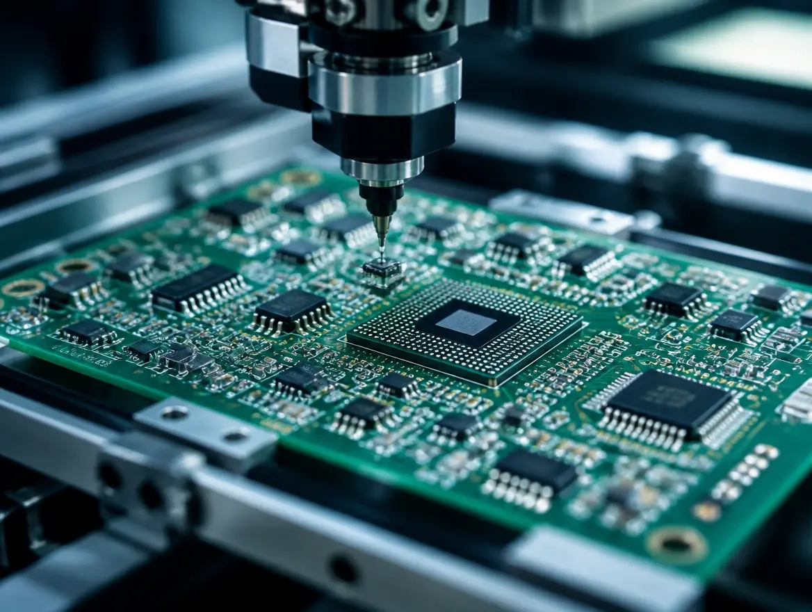 Surface mount technology board with tiny SMT chips and resistors placed on top and soldered