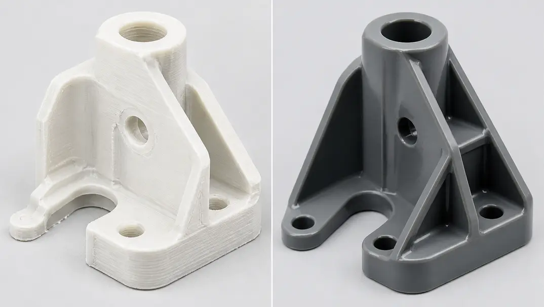 Before and after of the same part, a rough 3D-printed prototype redesigned with draft angles and uniform wall thickness for production