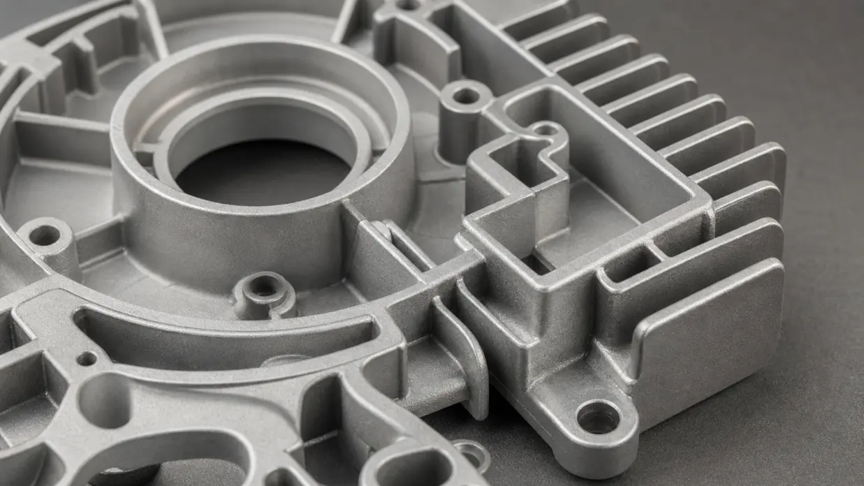 Close-up of an aluminum die casting alloy part showing thin walls and detailed features