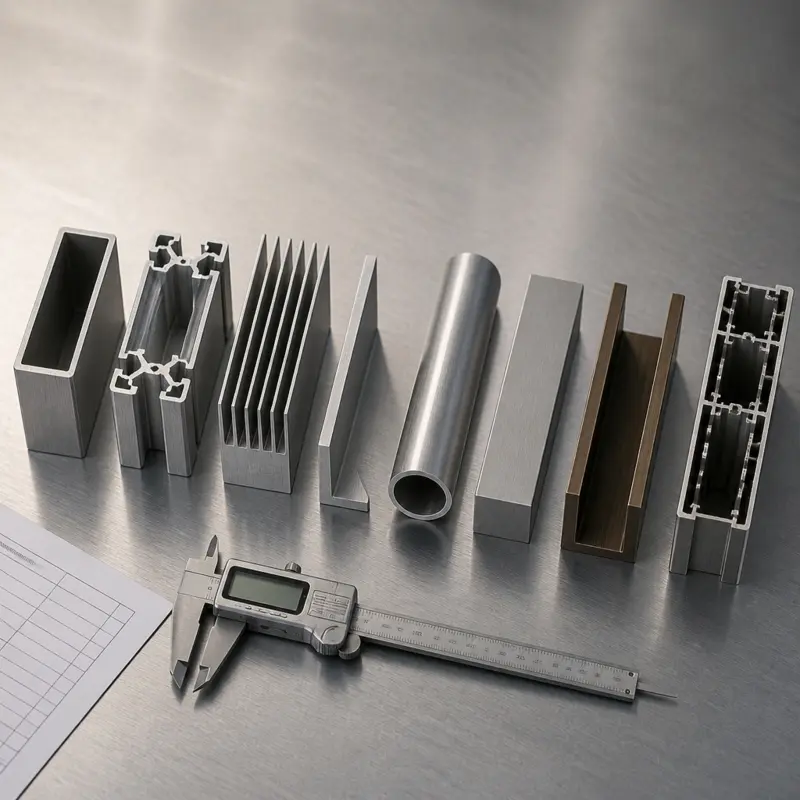 Extruded aluminum sections in 6063, 6061, 6082 and 7075 laid out with a wall thickness gauge for alloy comparison