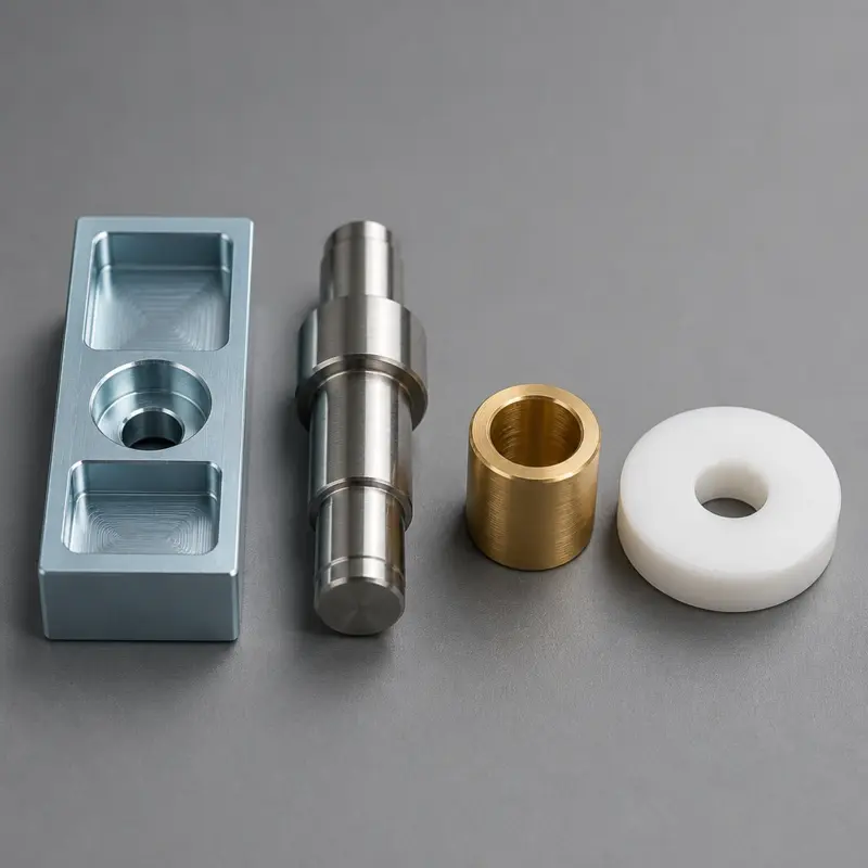 CNC machined aluminum, stainless steel, brass and plastic parts side by side