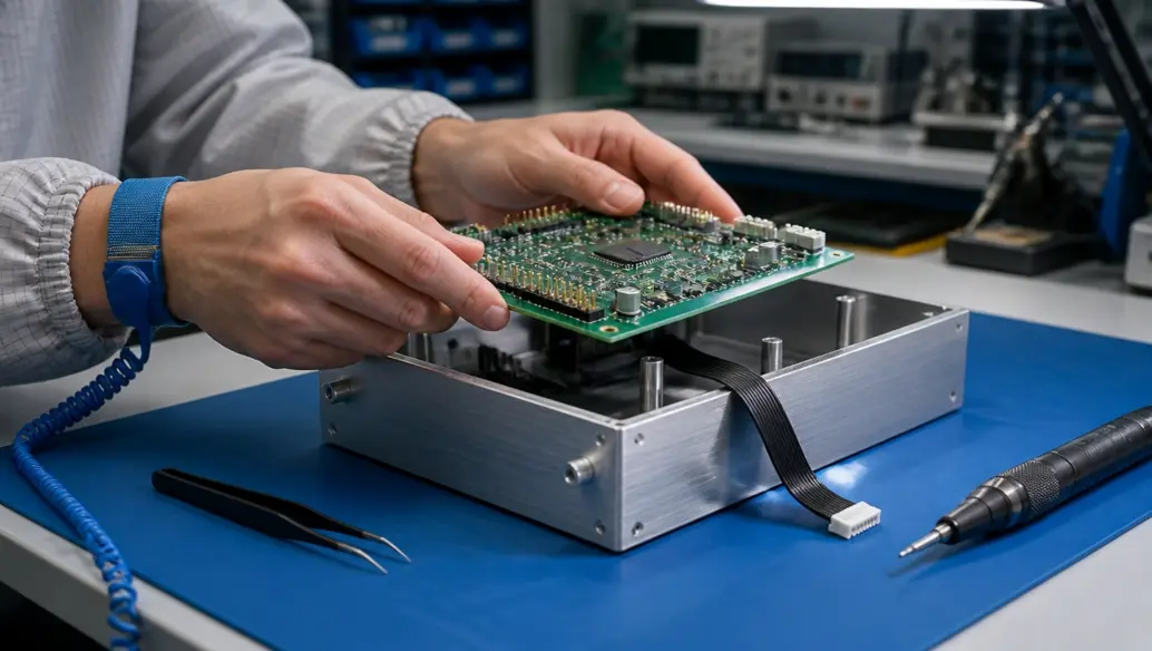 Contract electro-mechanical assembly integrating a circuit board, cable harness and metal enclosure at an ESD-safe bench