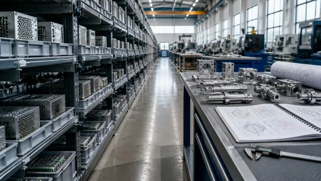 Standardised OEM components on one side of a factory aisle and custom machined parts with engineering drawings on the other