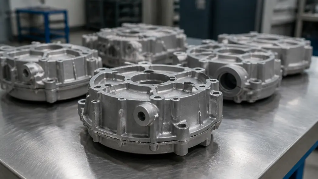 Aluminum die cast housings with as-cast surface finish before secondary CNC machining