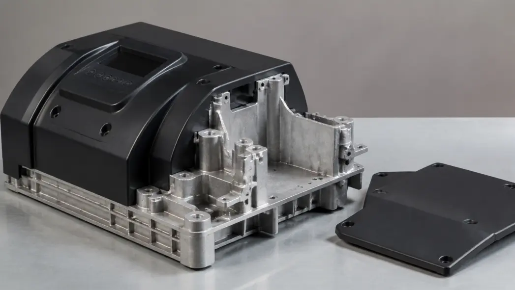 Die cast aluminum chassis assembled with injection molded plastic covers in one product build