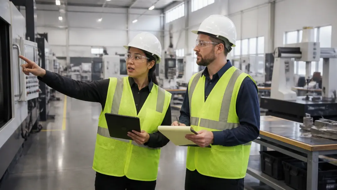 Two professionals in hard hats and hi-vis vests conducting a supplier audit beside CNC machining equipment