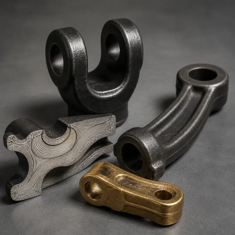 Hot forged steel and brass components with visible forged grain flow