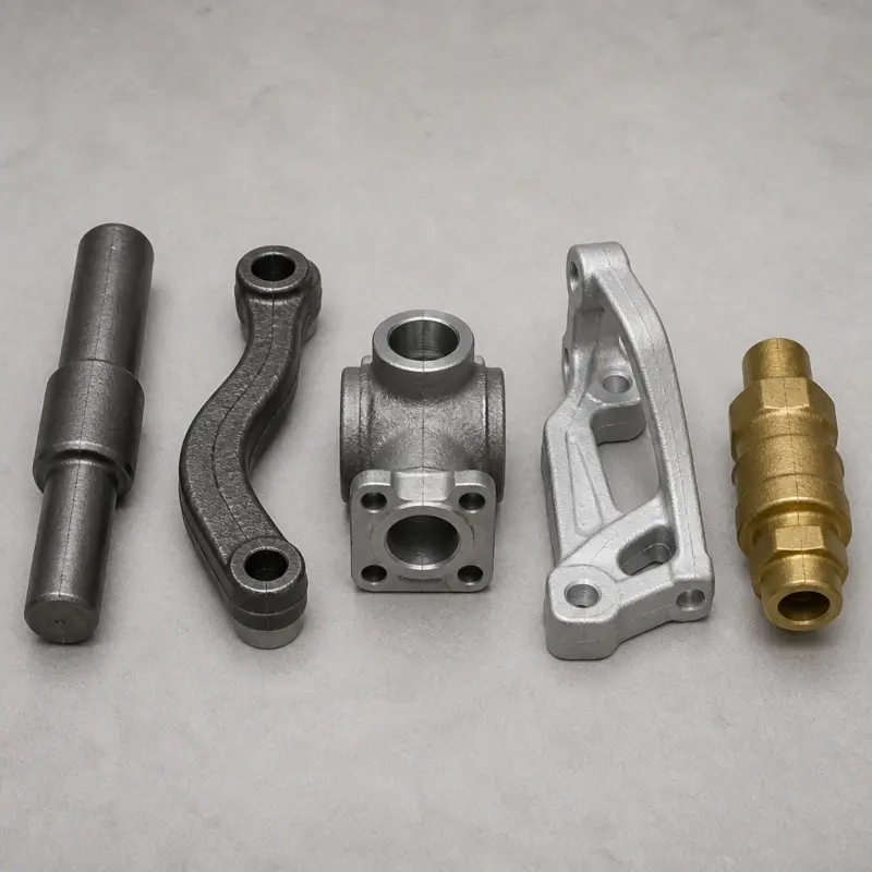 Choosing forging materials, with forged carbon steel, stainless, aluminum and brass parts laid out for comparison