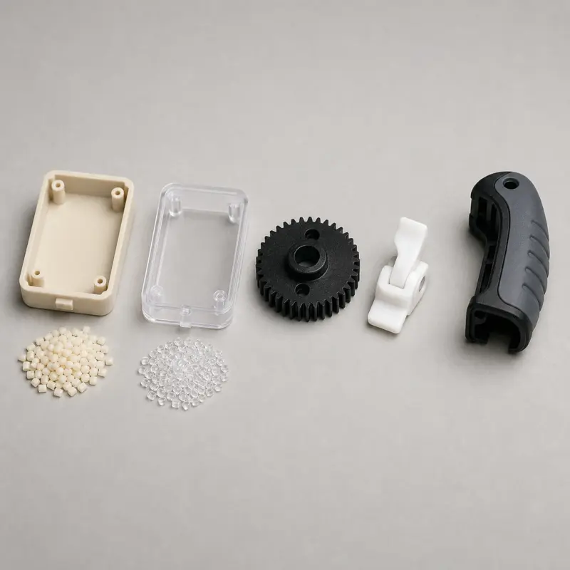 Molded plastic test parts in ABS, clear polycarbonate, glass filled nylon, black acetal and soft TPU laid out for comparison