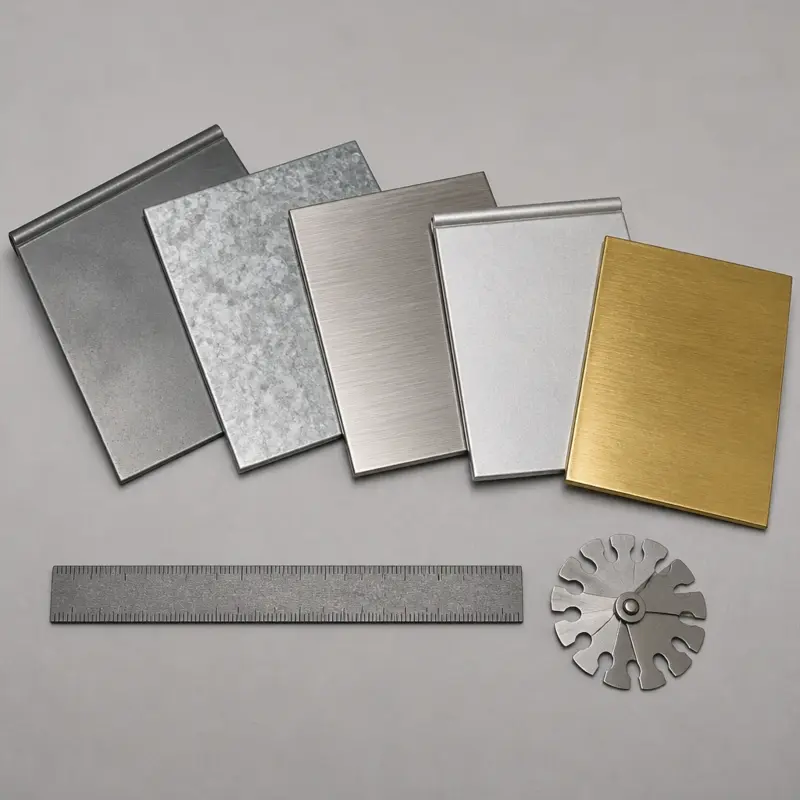 Sheet metal coupons in cold rolled steel, galvanized steel, brushed stainless, aluminum and brass laid out for comparison with two showing formed bends