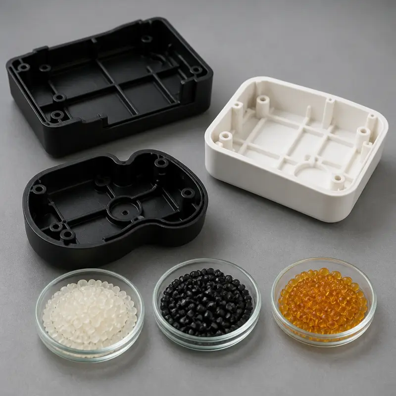 Injection molded plastic housings beside ABS, nylon and PEEK resin pellets