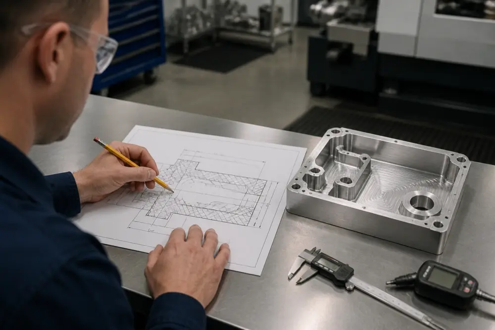 Engineer reviewing a machined housing drawing and marking which surfaces need a finer machining process