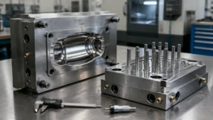 Open precision injection mold tool for medical device tooling showing polished steel cavity and core on a toolroom bench