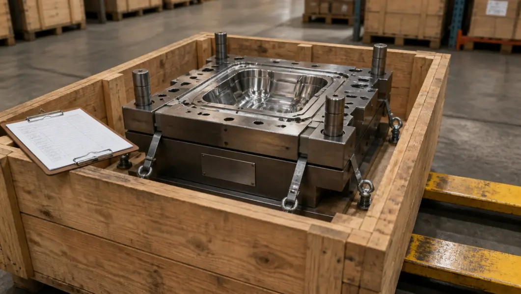Crated medical device injection mold with asset tag attached, prepared for transfer to a new manufacturing site