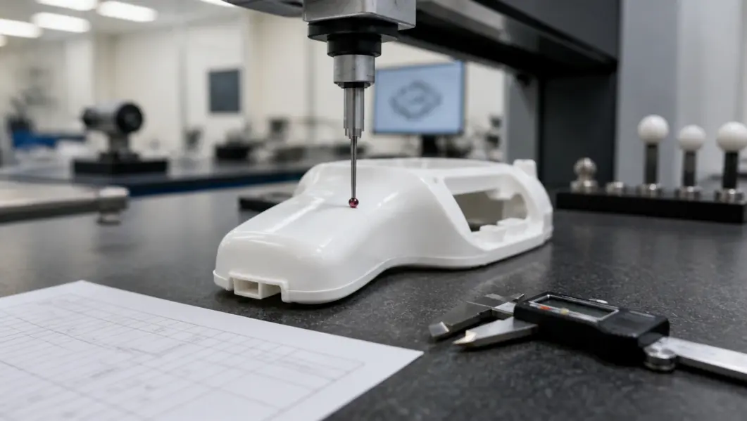 CMM probe inspecting a molded medical device part during tooling validation and first article inspection