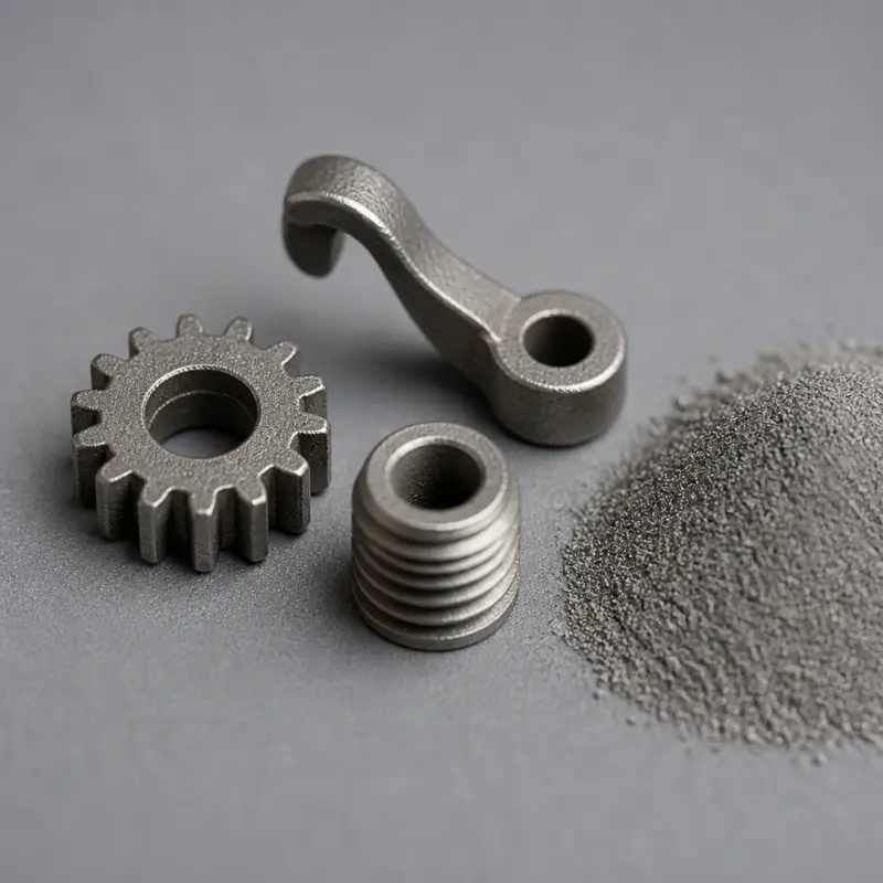 Small sintered stainless steel MIM components next to metal powder feedstock