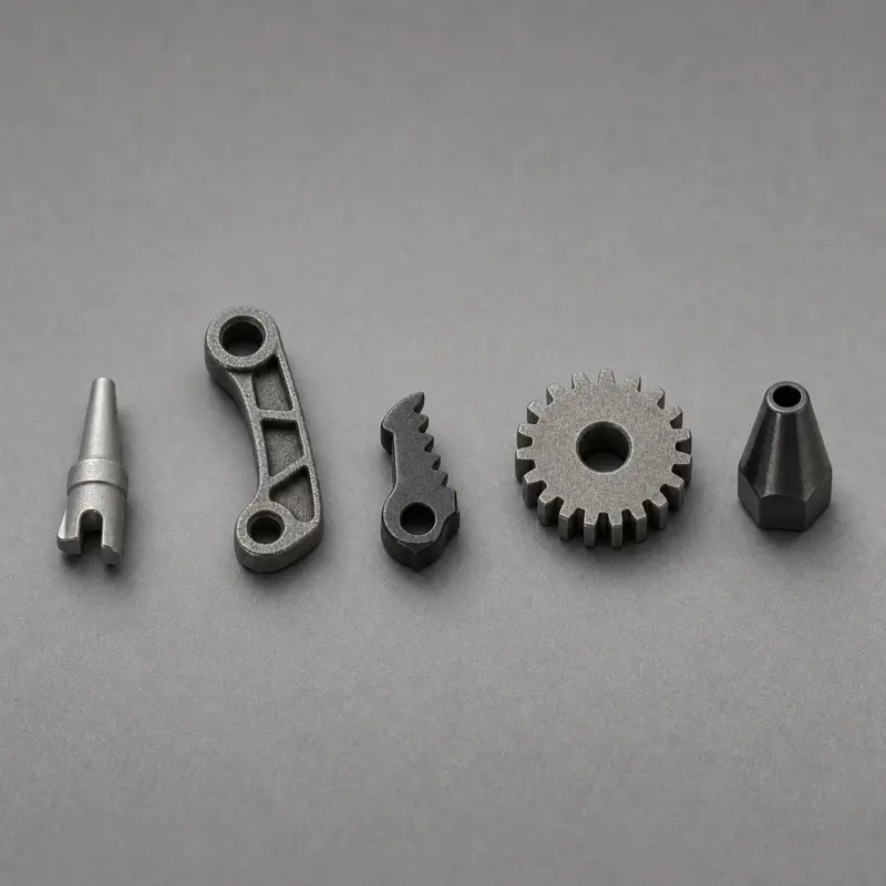 Sintered MIM test parts in 316L stainless, 17-4PH stainless, low alloy steel and tungsten carbide arranged for comparison