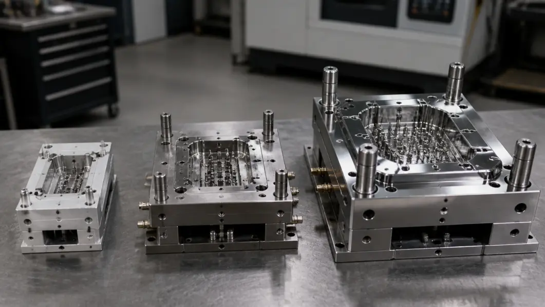 Prototype, bridge, and production tooling compared side by side showing aluminum tool, mid life tool, and hardened steel medical device mold