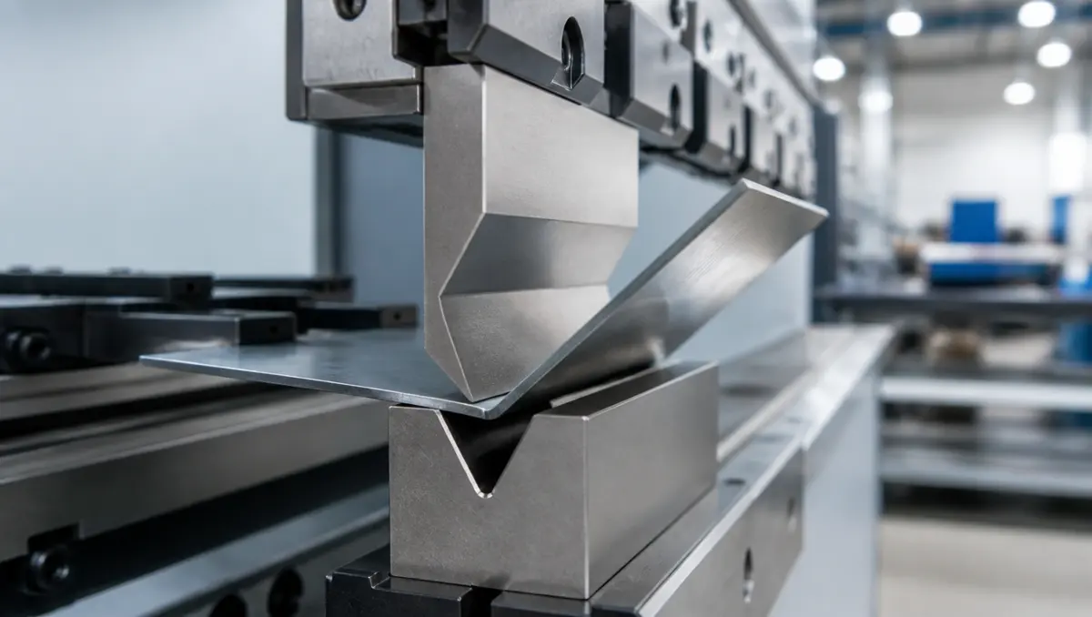 CNC press brake bending a steel sheet metal blank into a formed flange