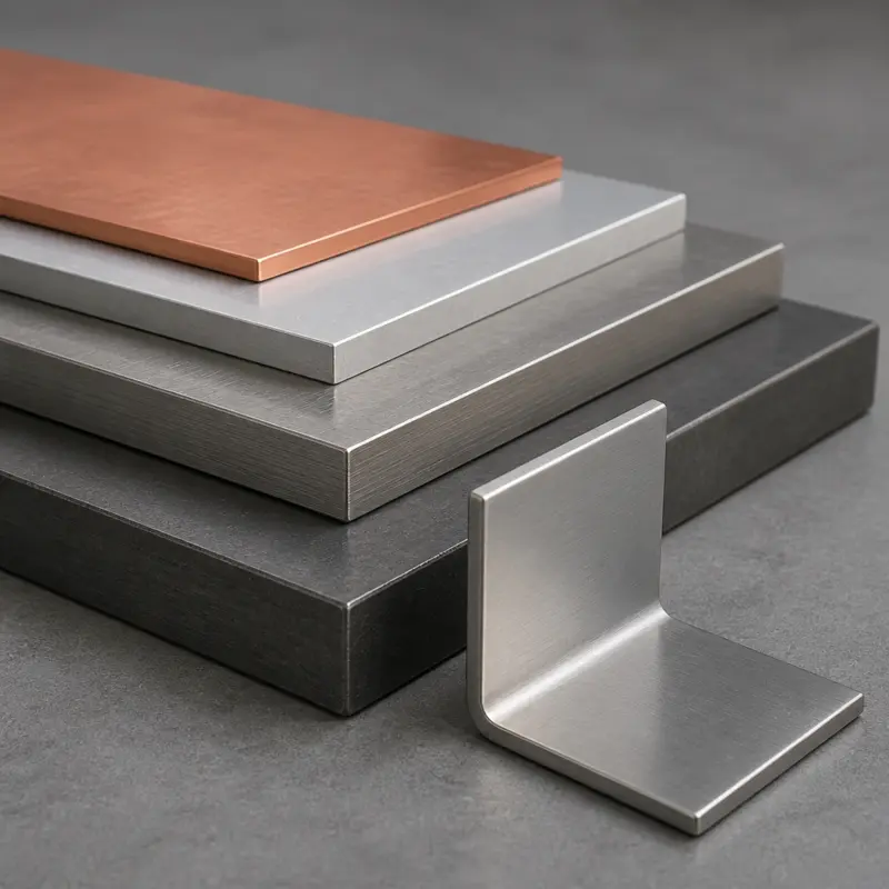 Stacked steel, aluminum and copper sheet metal blanks in several gauges